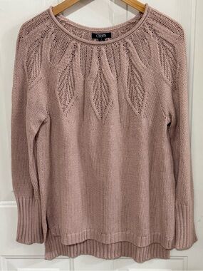 Chaps Dusty Rose Crewneck Sweater with Leaf Yoke